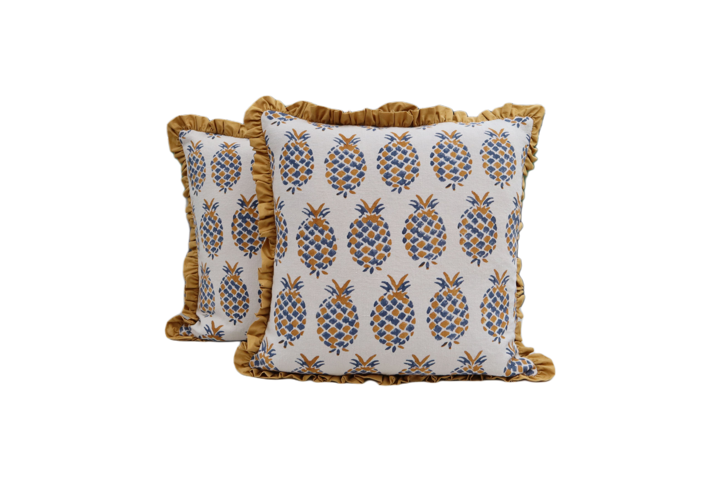 Pineapple Linen Cushion with Ochre Fringe
