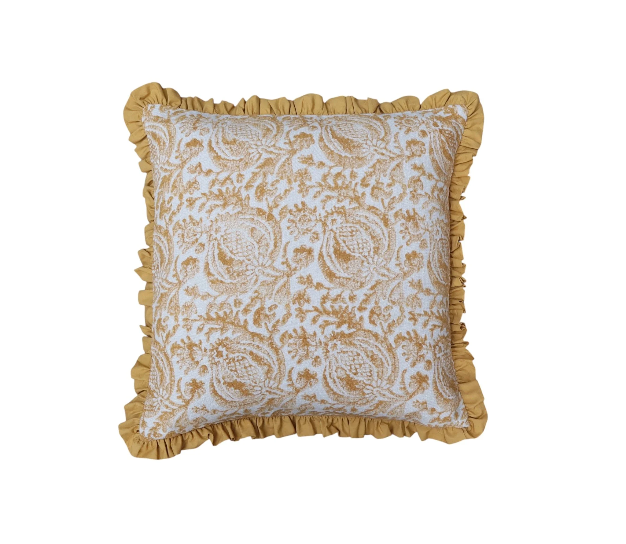 Pomegranate Ochre Linen Cushion with Frill Border