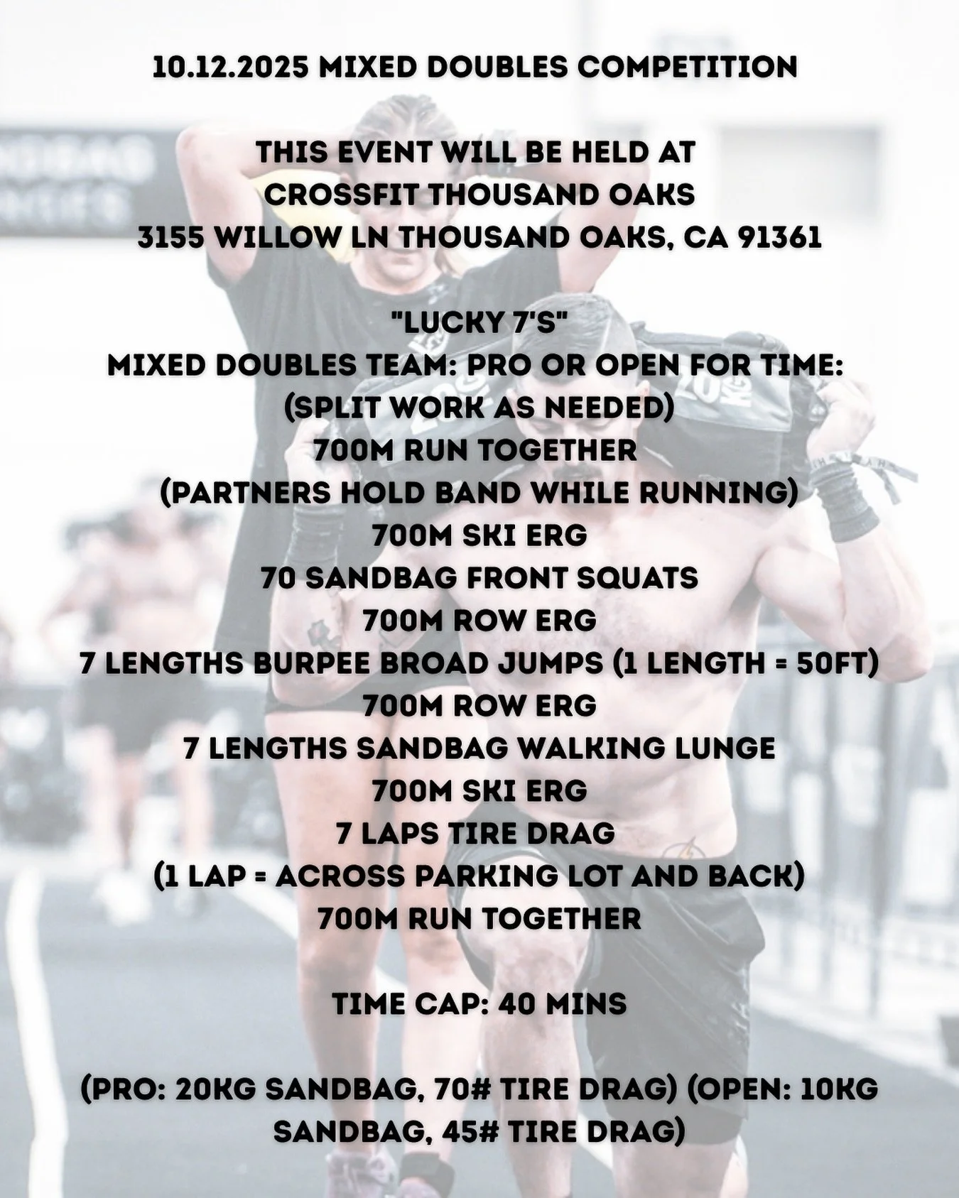 Mixed Doubles Hyrox Comp at CFTO (M/F teams)
Pro + Open Divisions are going down Sunday, 10/12/25!

🏁 First heat kicks off at 8:00am.
⏱️ Additional heat times will be released closer to race day.

Get ready to test your engine, push your limits, and