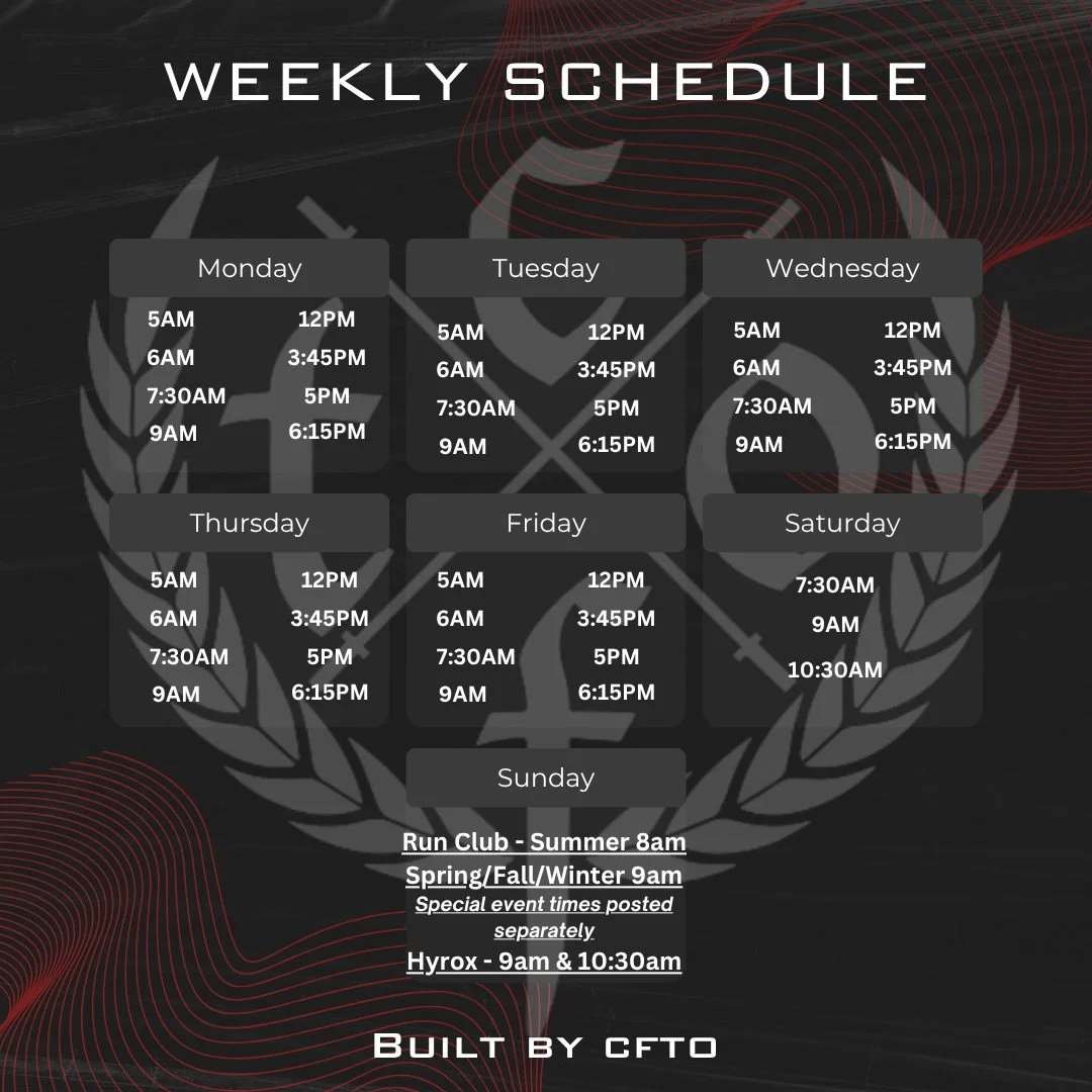 🚨UPDATED CLASS SCHEDULE🚨

We added a 9am Hyrox class on Sundays moving forward along with our 10:30am class. 

#builtbycfto