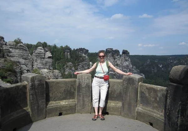 At the top of the cliff at Rathen. Such incredible rock formations, worn down by centuries of sun, wind, and rain. Notice the "fingers" of the "hand" behind me. Kind of cut off at the knuckle.