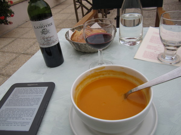 This picture was taken in Poitiers at the Hotel Le Grande, but it illustrates how I ate dinner alongside Julie Child via my kindle e-reader. Poitiers, France June 2011.