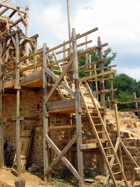 The small Chapel Tower under scaffolding on the west side of the main residence.