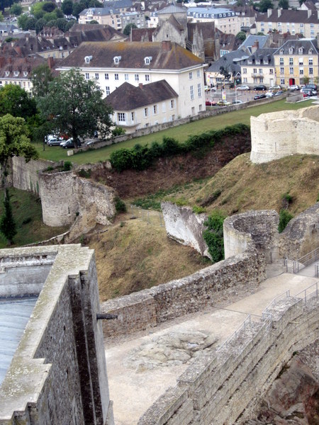View of the entrance to Falaise Castle from atop the battlements.