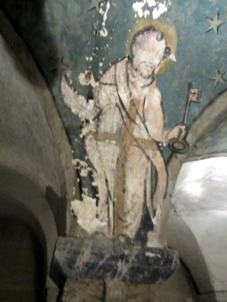 15th century painting on a pillar in the crypt underneath Bayeux Cathedral.