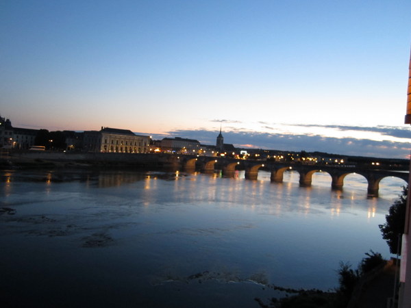 View from my balcony as darkness descends at Saumur, France.