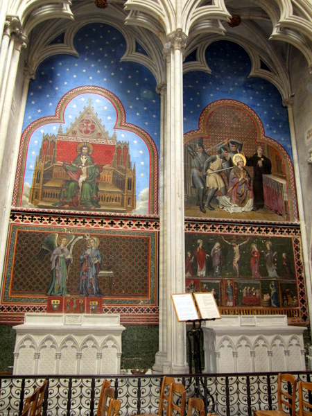 Paintings on a wall of the gallery at the Bayeux Cathedral.