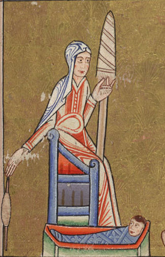 By Anonymous - "Eve spinning", folio 8r, detail from the Hunterian Psalter, Glasgow University Library MS Hunter 229 (U.3.2) Public Domain, Wikimedia Commons .