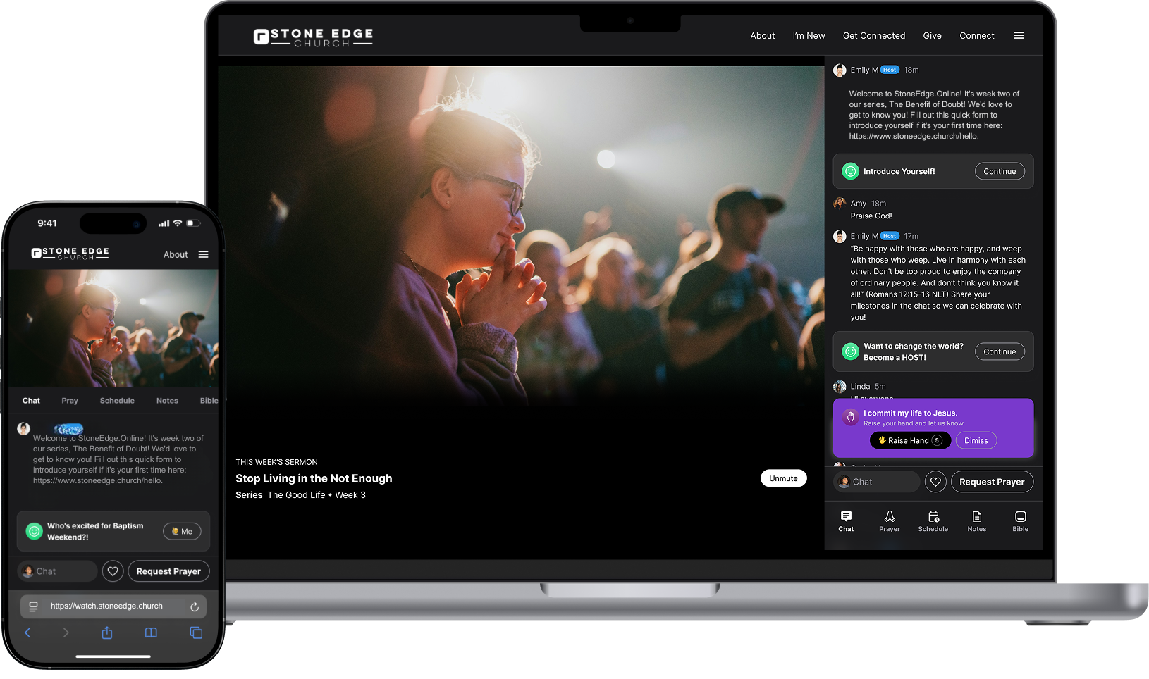 A woman in glasses and a purple sweater prays with her hands clasped during a church service, with other people praying and worshiping in the background, visible on a computer and smartphone screens showing the Stone Edge Church online platform.