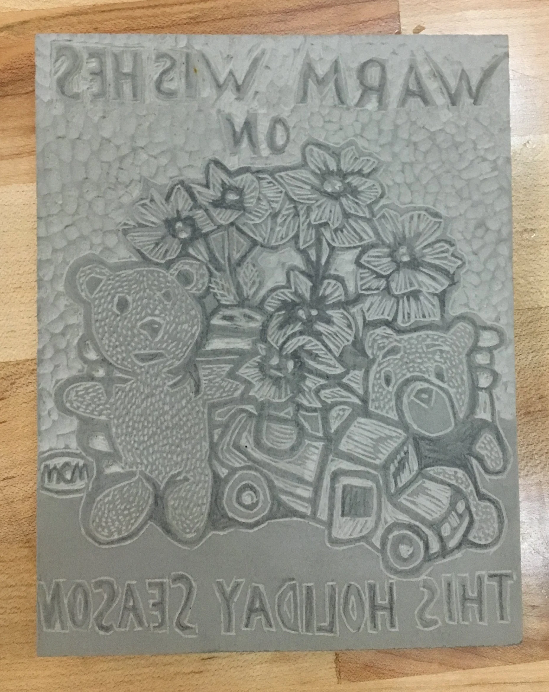 Mary’s linoleum carving in detail.