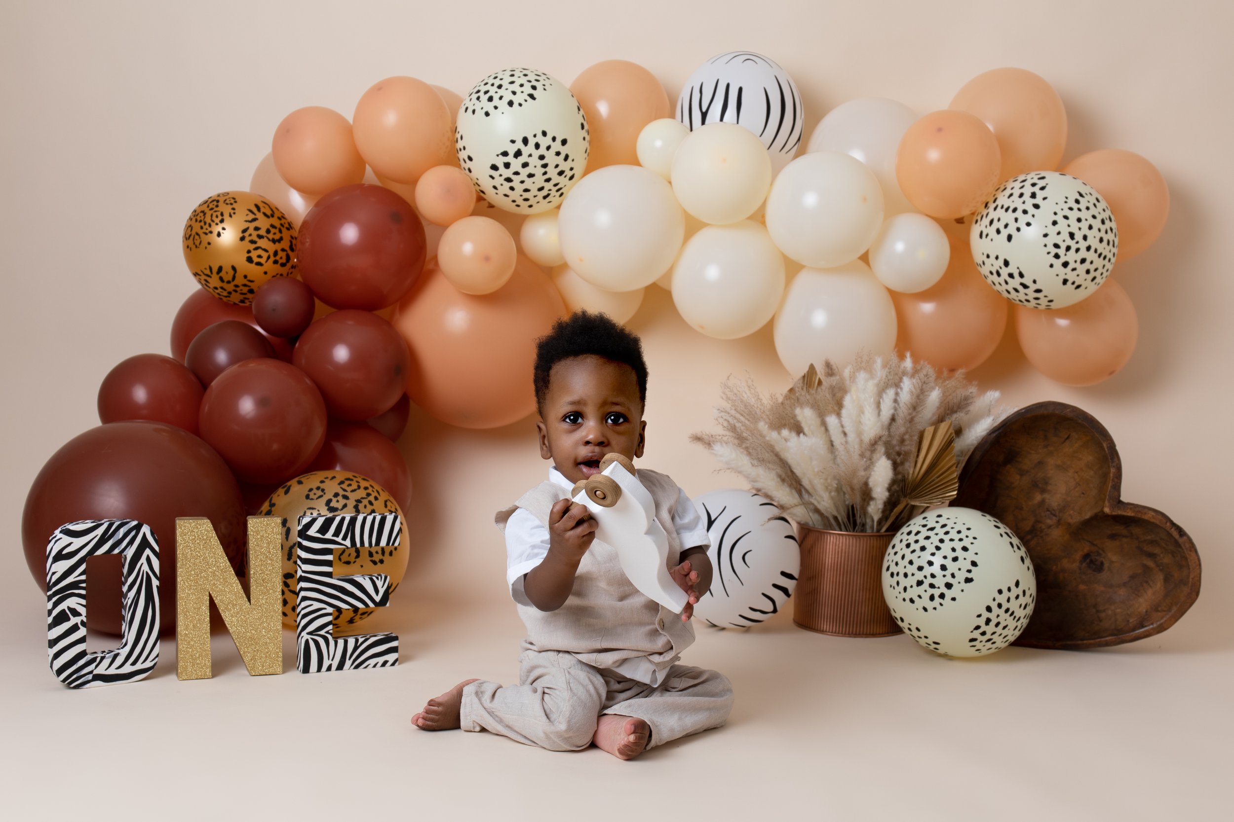  One year old boy in a safari theme picture holding wooden toy in Milton Keynes studio  