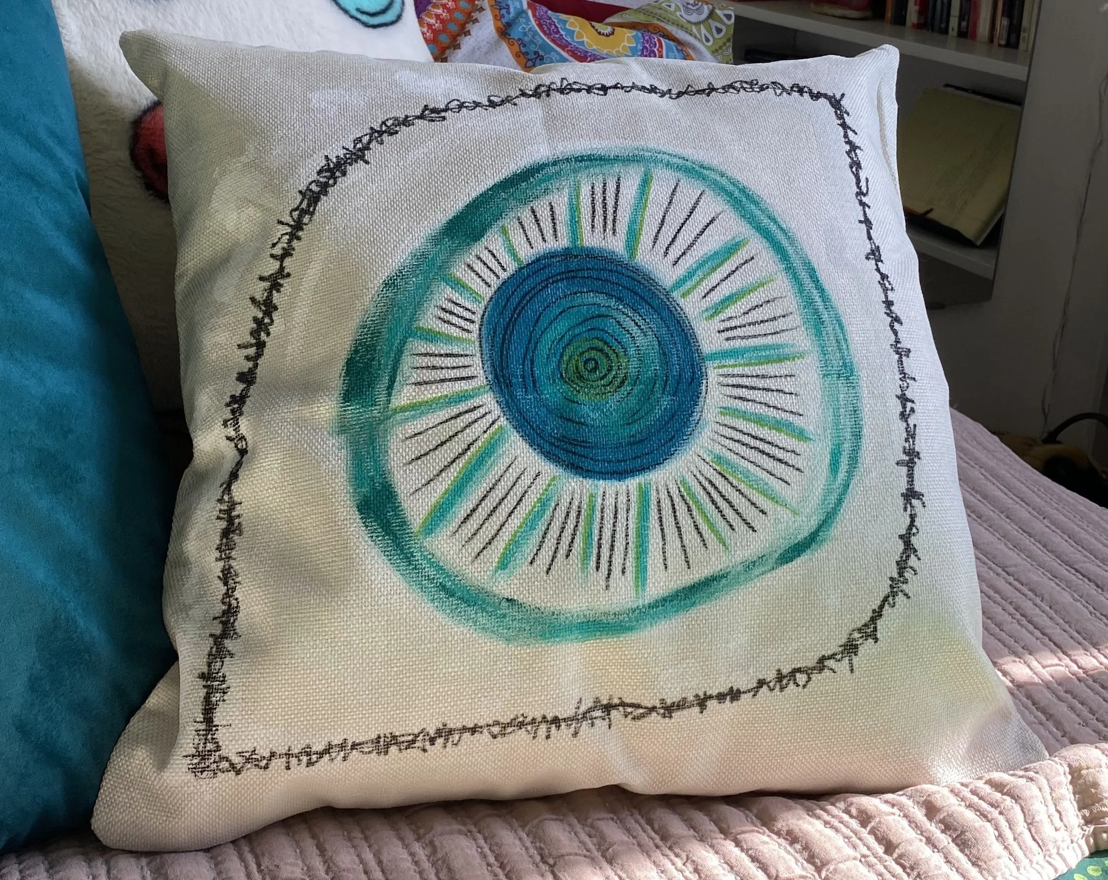 memoirtistry eye pillow case, 2025. acrylic on canvas blend. NFS