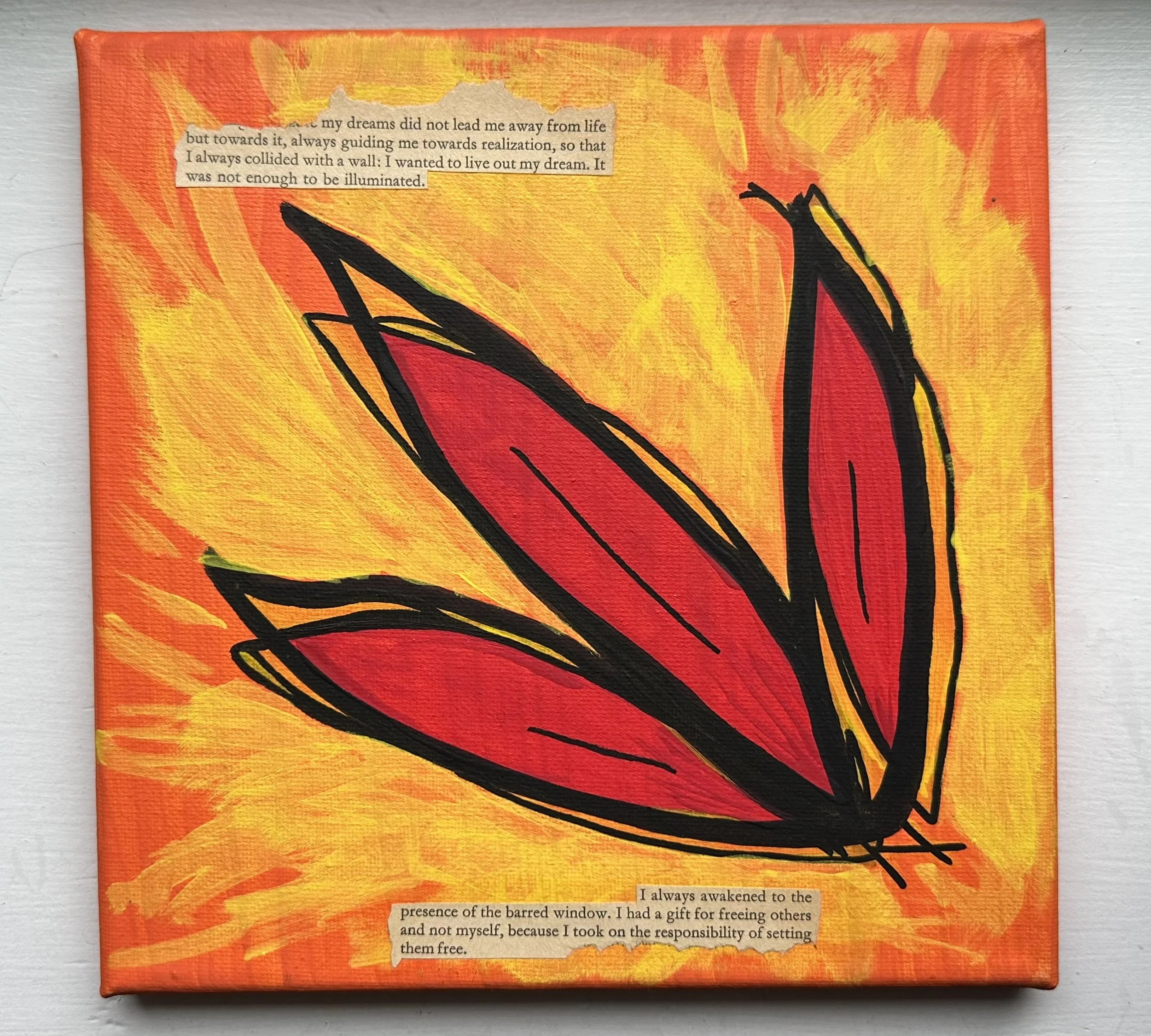 feathered fire, 2025. acrylic & paper on canvas. AVAILABLE