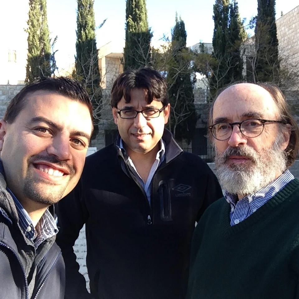   Omar Tesdell, Munir Fakher El-Din,  and  Messick  at Birzeit, in front of the new Palestine Museum 