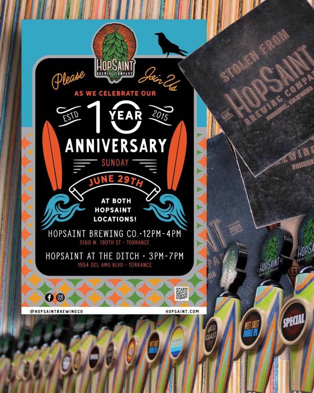 Come out to both locations on on June 29th to celebrate HopSaint&rsquo;s 10 year anniversary. We'll launch our 10 year anniversary west coast IPA on tap and canned, plus limited edition commemorative merch!
12-4 PM: brewpub, 5160 190th St, Torrance
3