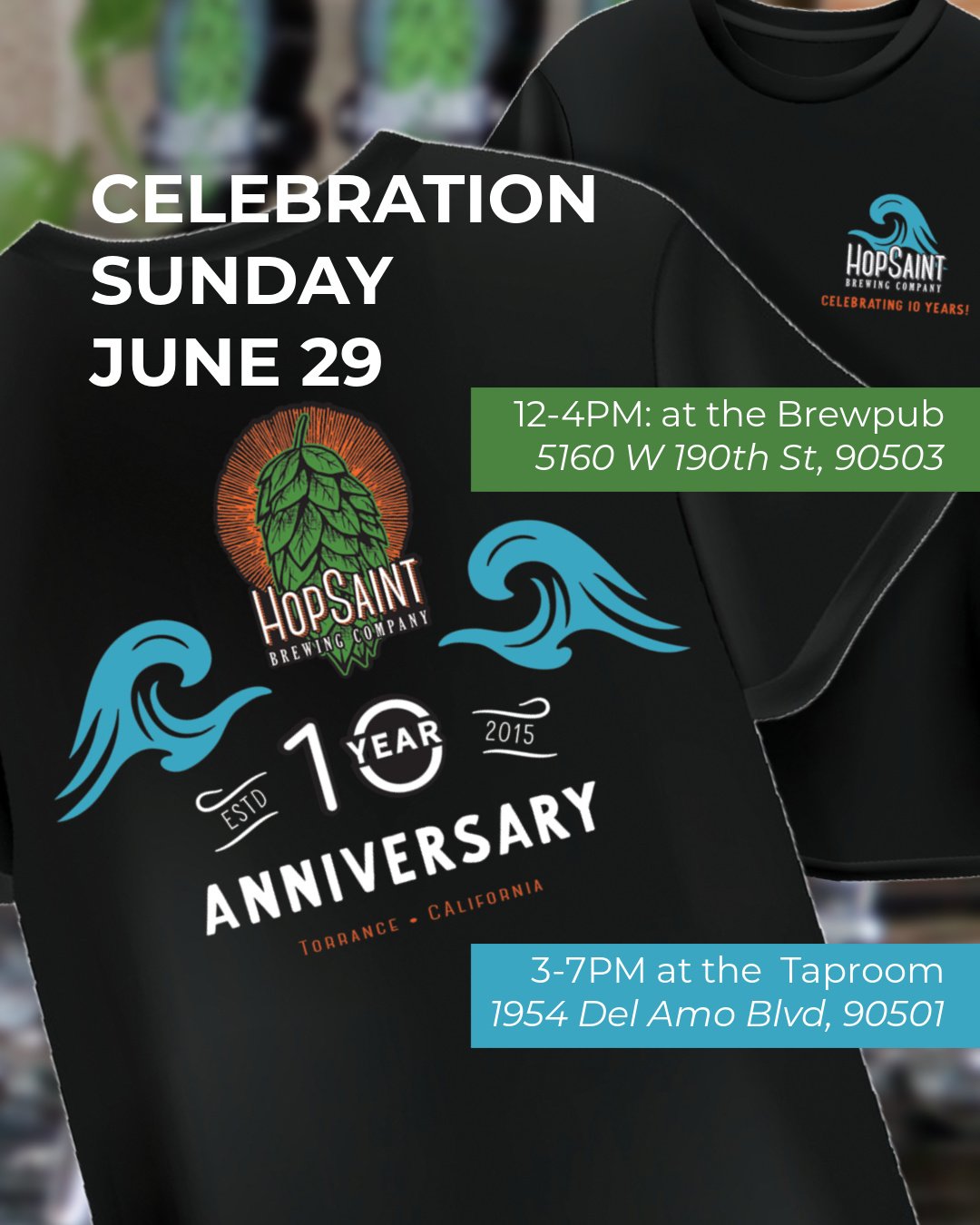 Today we partay! Come out to both locations to celebrate HopSaint&rsquo;s 10 year anniversary. Get your limited edition commemorative merch and raise a glass of our 10 year anniversary west coast IPA. We'll have on tap and canned. 
12-4 PM: brewpub, 