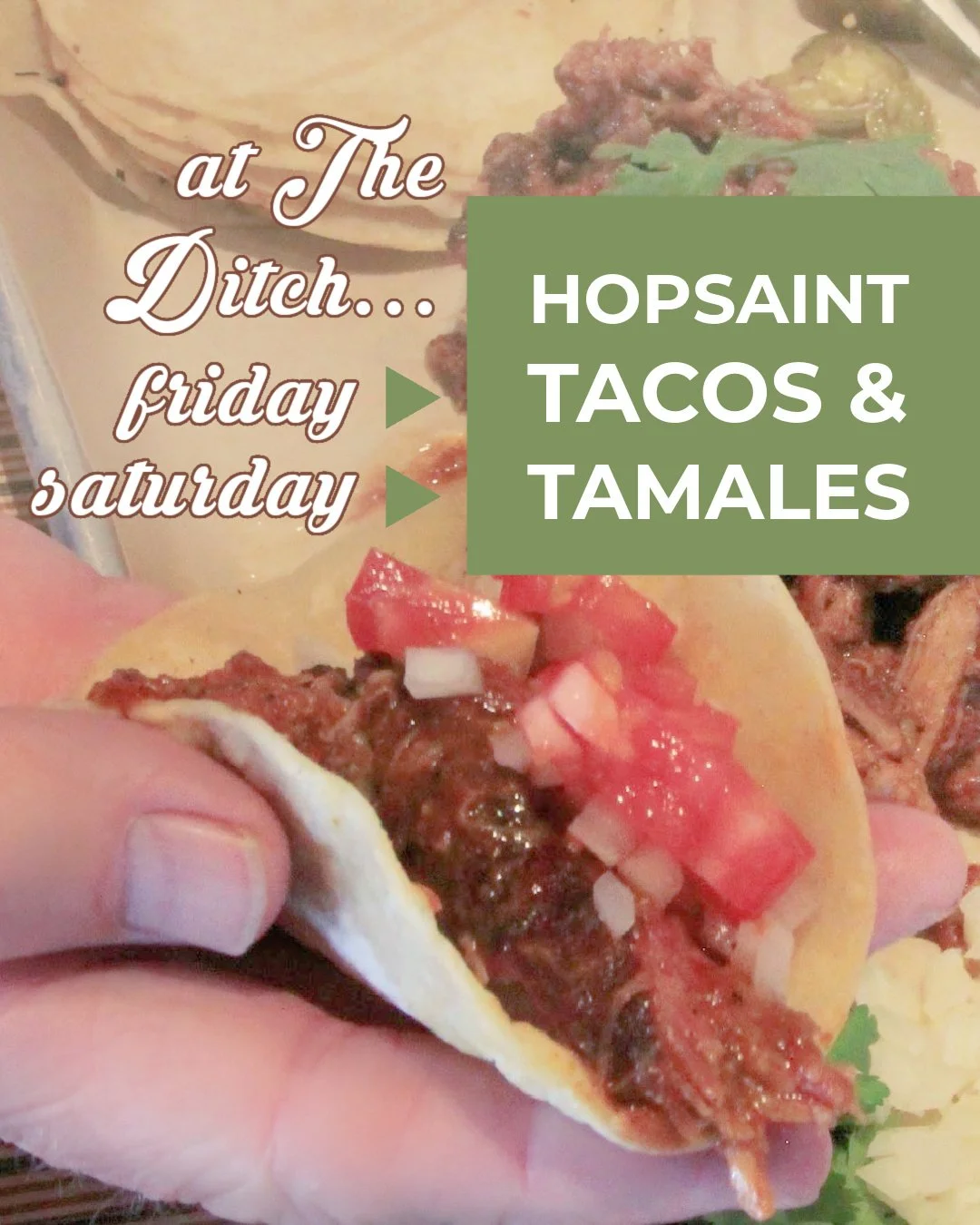 Weekend food sitch at The Ditch taproom. 
11/21 HopSaint ranchero tacos, served a la cart
11/22 HopSaint tamales, served a la cart
11/23 Bring your own food
🍺 @hopsaint_theditch Taproom | 1954 Del Amo Blvd, Torrance CA 90501

#hopsaintbrewery #great