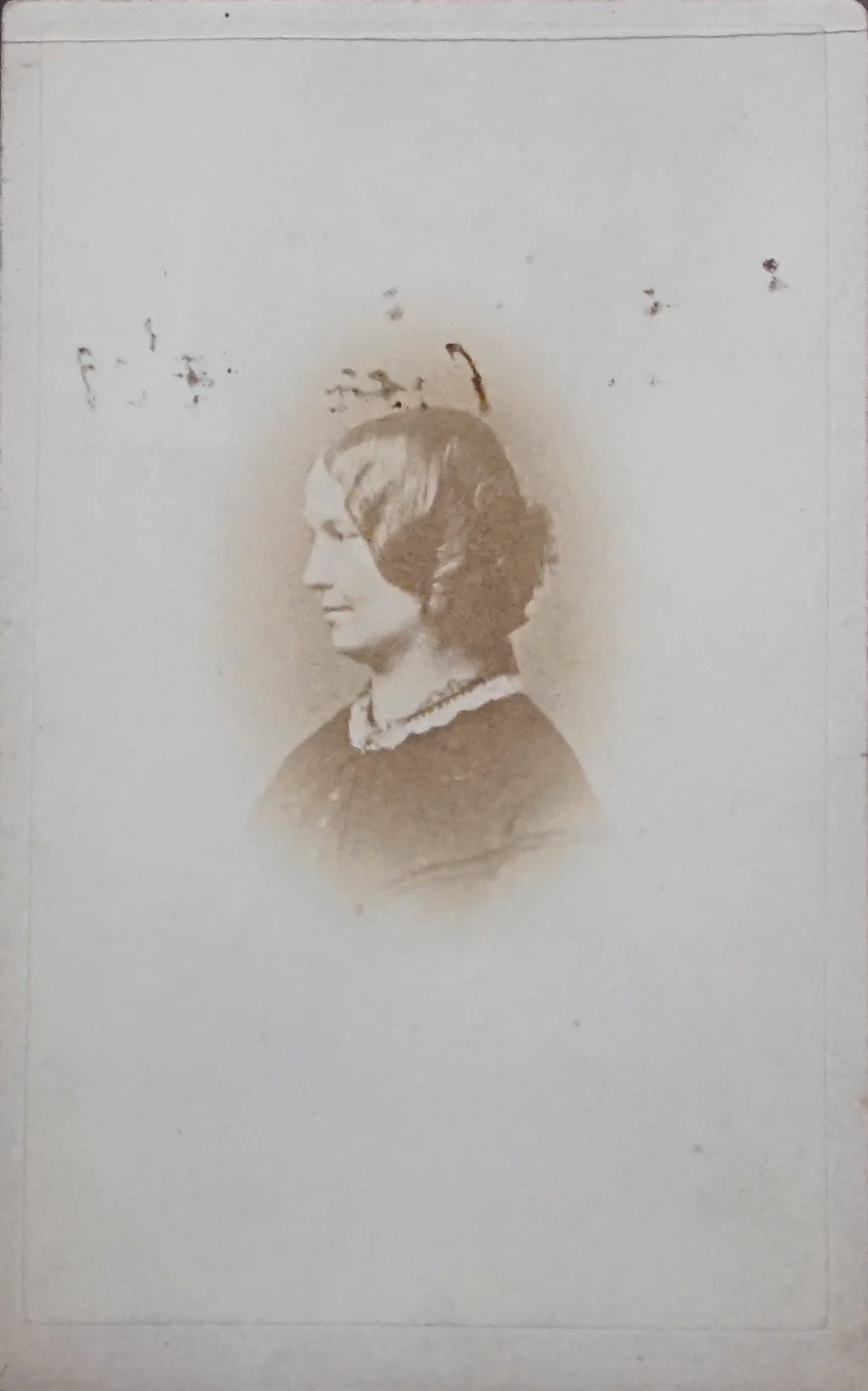 Since this photograph was discovered in the 1980's, many people have hoped to confirm that is the only surviving photographic likeness of Charlotte Brontë. It is, after all, marked on the verso Within a year of CB's death, apparently in the hand of Brontë's close friend Ellen Nussey, to whom many letters are addressed. But the woman depicted bears a strong resemblance to Nussey herself, who may simply have been noting that she had her own photograph taken within a year of her friend's death. 