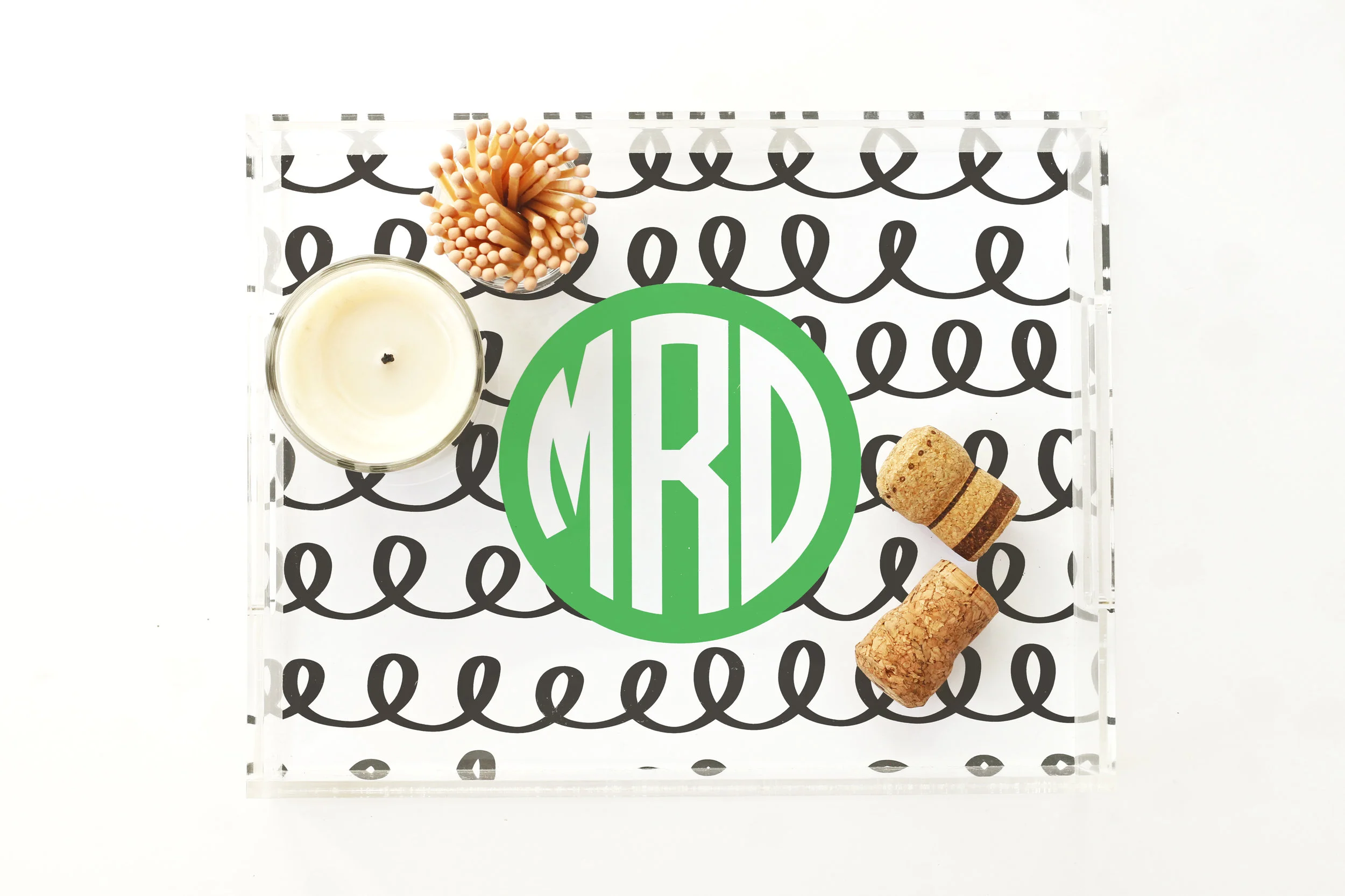 black and white monogram lucite tray