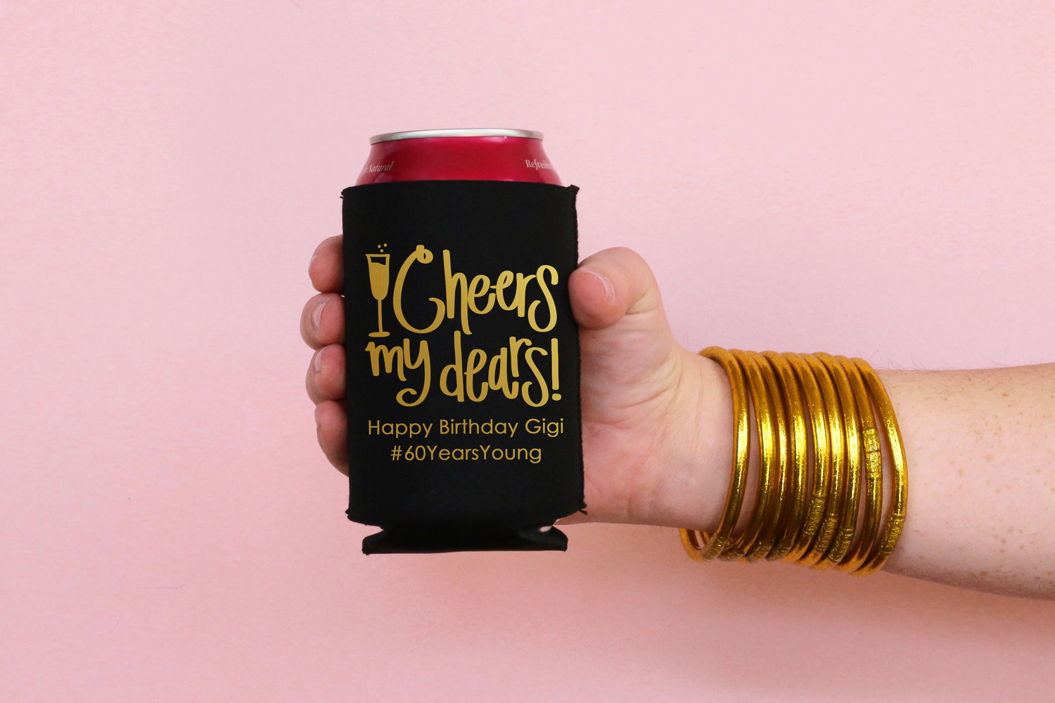 Cheers My Dears 60th Birthday Personalized Can Cooler — When it Rains Paper  Co. | Colorful and fun paper goods, office supplies, and personalized gifts.