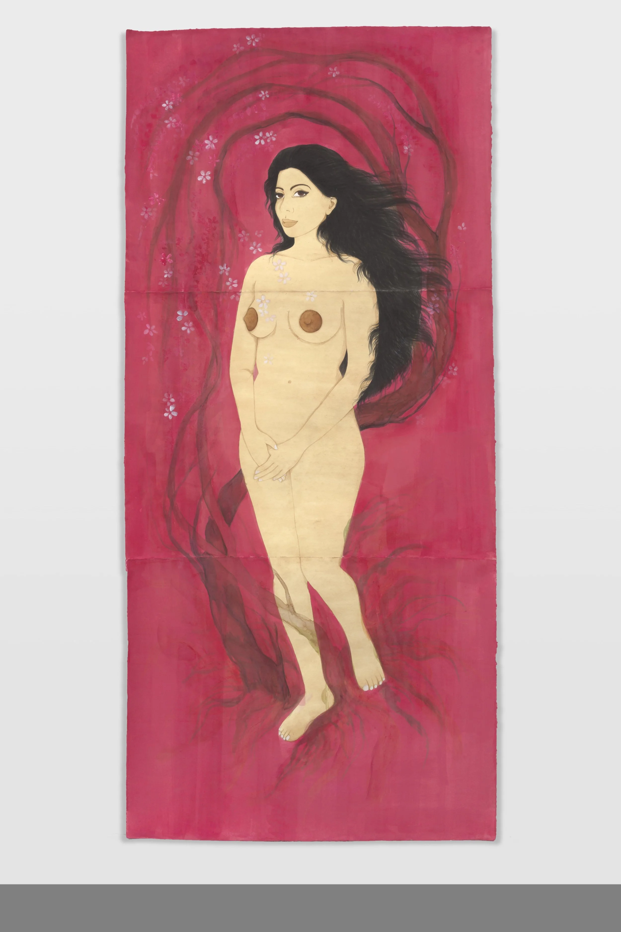 Hiba Schahbaz// Self Portrait wit Joined Hands (after Picasso) // Tea, watercolor, ink, and poster paint on on Twinrocker (handmade paper) // 88 x 40 Inches // 2018