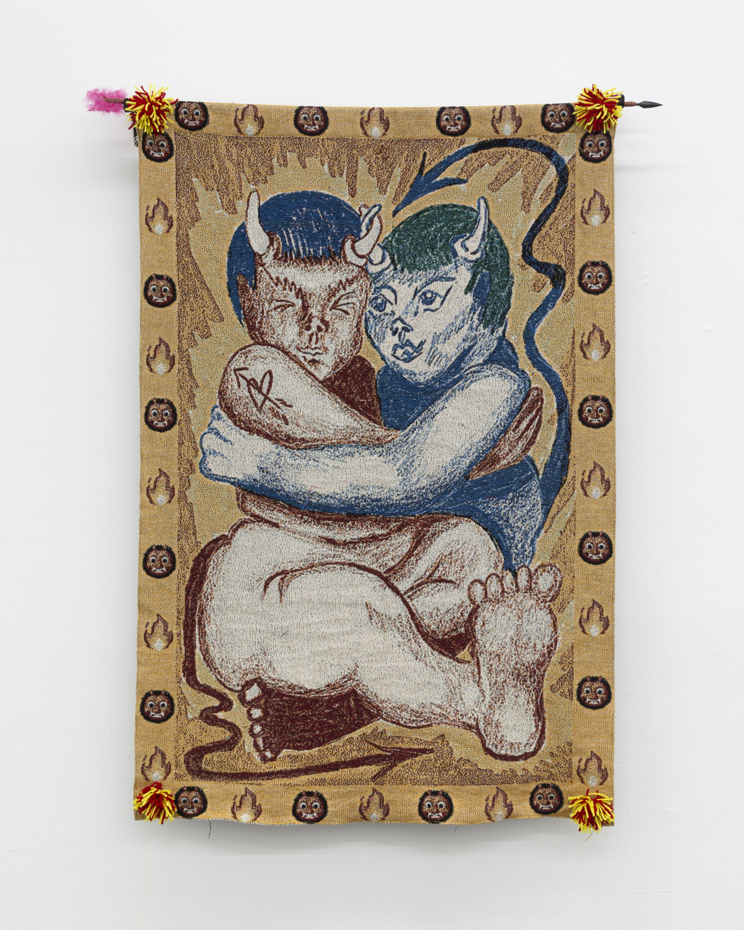 Juan Arango Palacios, Demonios Abrazados,&nbsp;36 x 53 InchesAcrylic yarn and machine-woven tapestry, 2021
