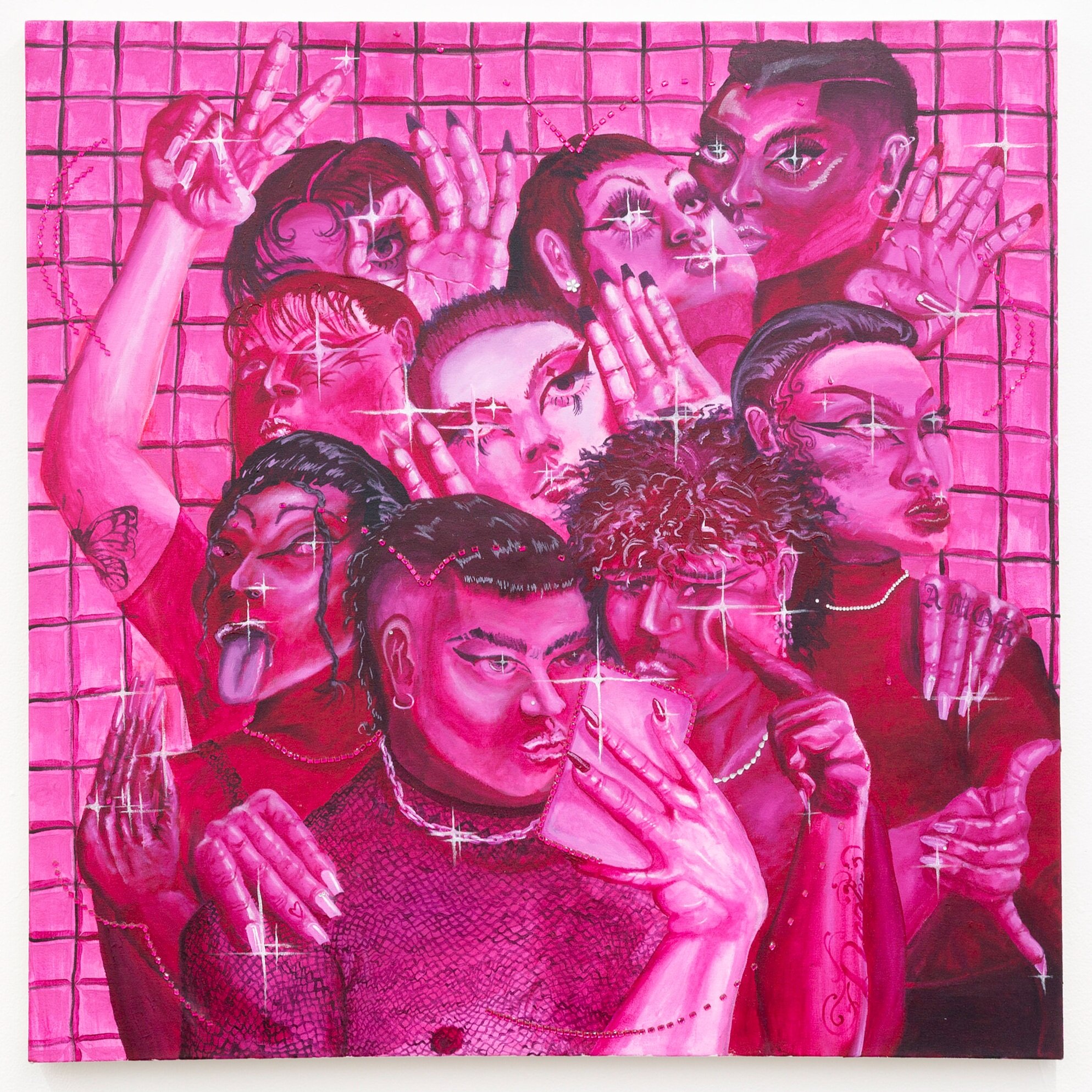 Juan Arango Palacios, Group Selfie,  48 x 48 Inches,  Acrylic and rhinestones on canvas. 2021