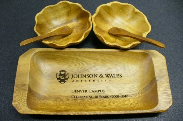 School Logo Engraved On Wood Serving Set