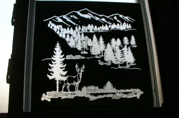 Mountain Scene With Deer Engraved On Mirror
