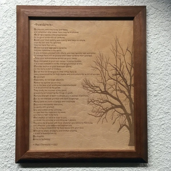 Poem and Tree Engraved on Distressed Leather