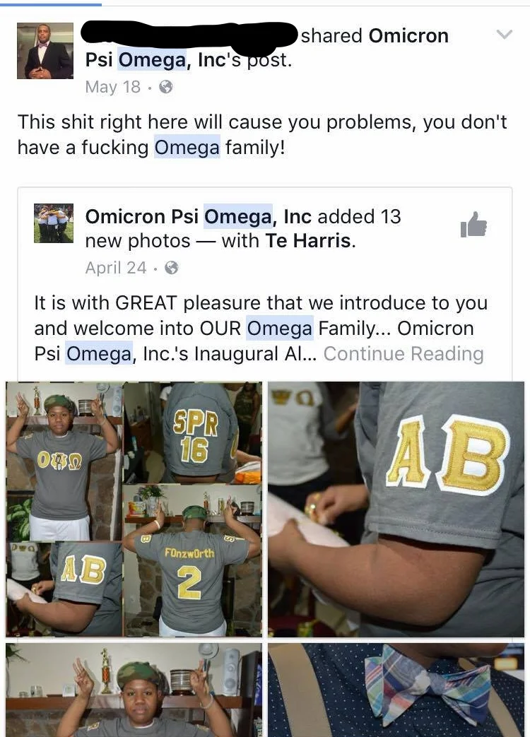A Facebook users comments about Omicron Psi Omega