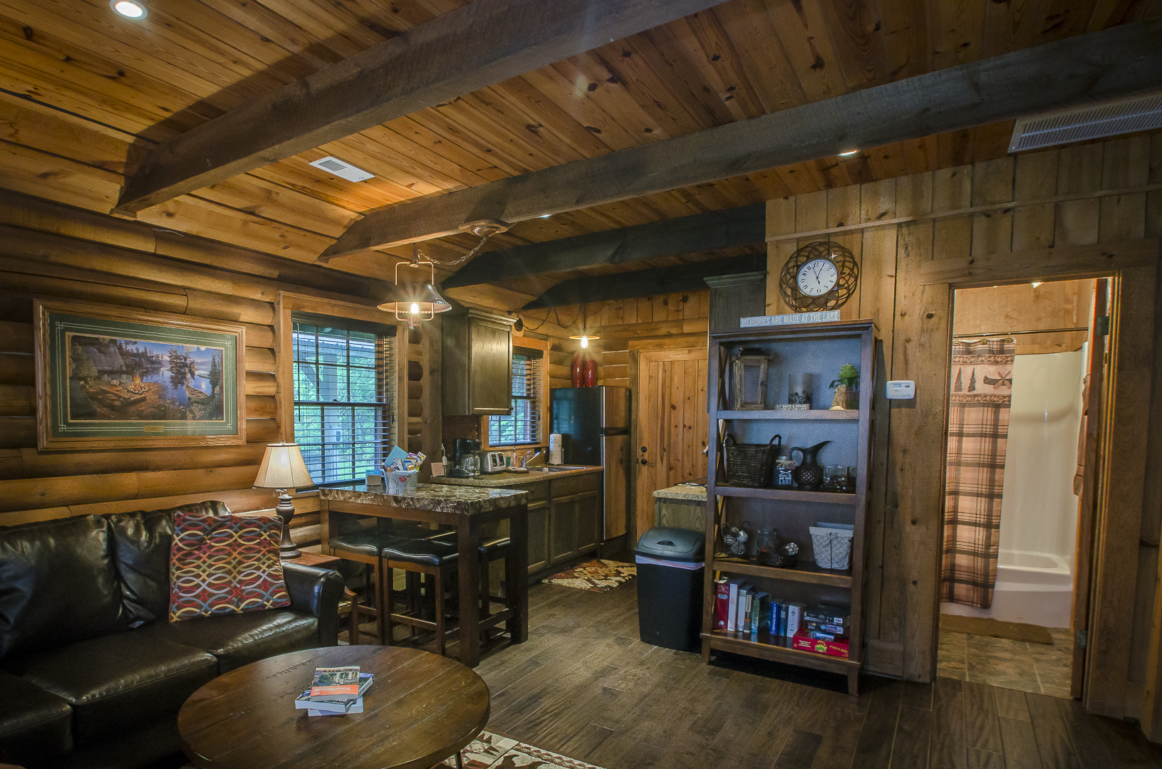 Cozy Cabin Living Area and Kitchen