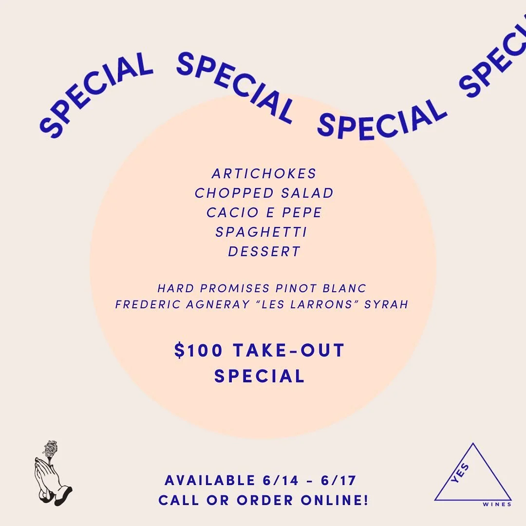 This week our take-out special is getting an upgrade! We&rsquo;ve teamed up with our pals at @yeswineco to bring you a tasty picnic basket with TWO really incredible wines. 

Available Monday - Thursday, orders can be placed via phone or toast app be
