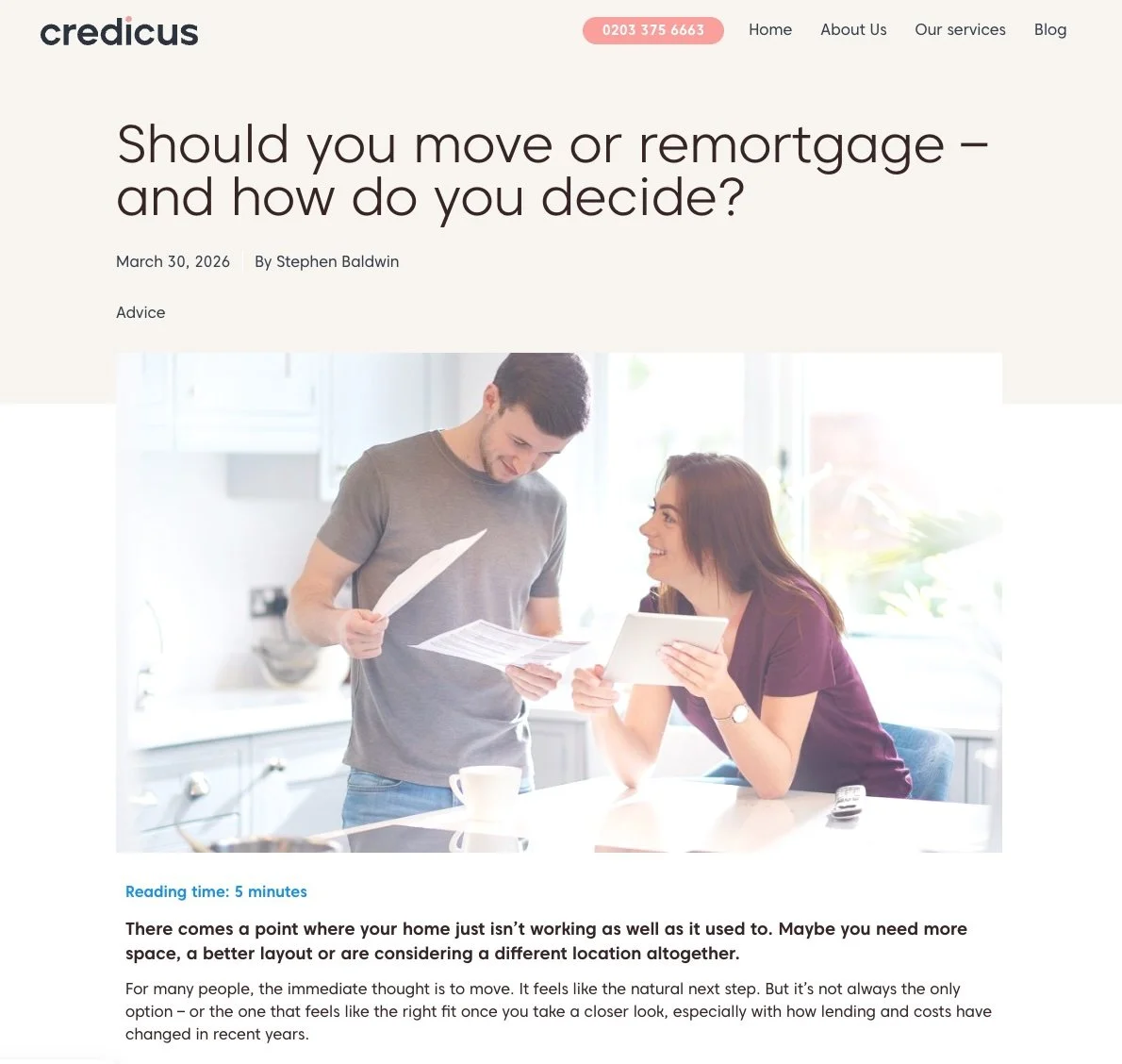 Credicus article showing “Should you move or remortgage?” and its opening paragraphs beneath a photograph of a couple reviewing paperwork.