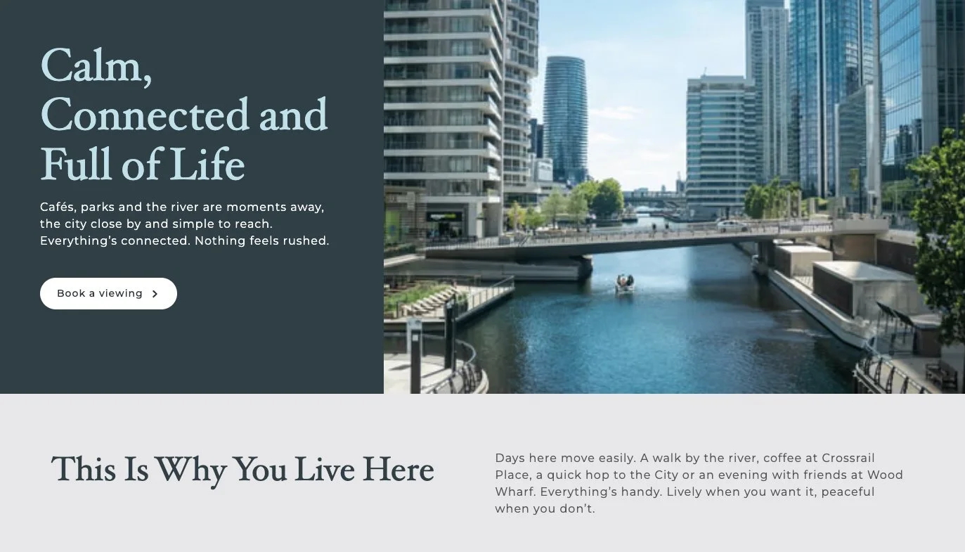 Sailmakers website showing “Calm, connected and full of life” and “This is why you live here” copy alongside a Canary Wharf waterfront photograph.