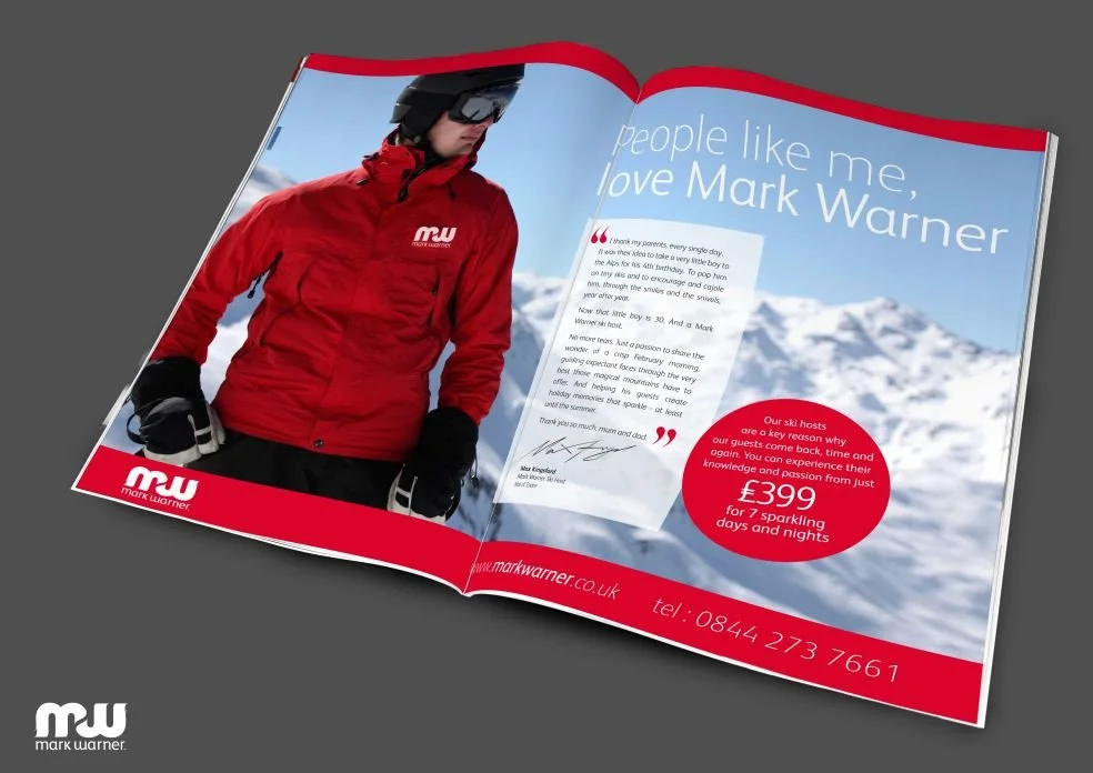 Mark Warner ski holiday magazine advert featuring the "People like me, love Mark Warner" campaign