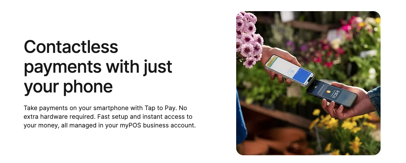 myPOS website showing “Contactless payments with just your phone” copy alongside a smartphone payment at a flower stall.