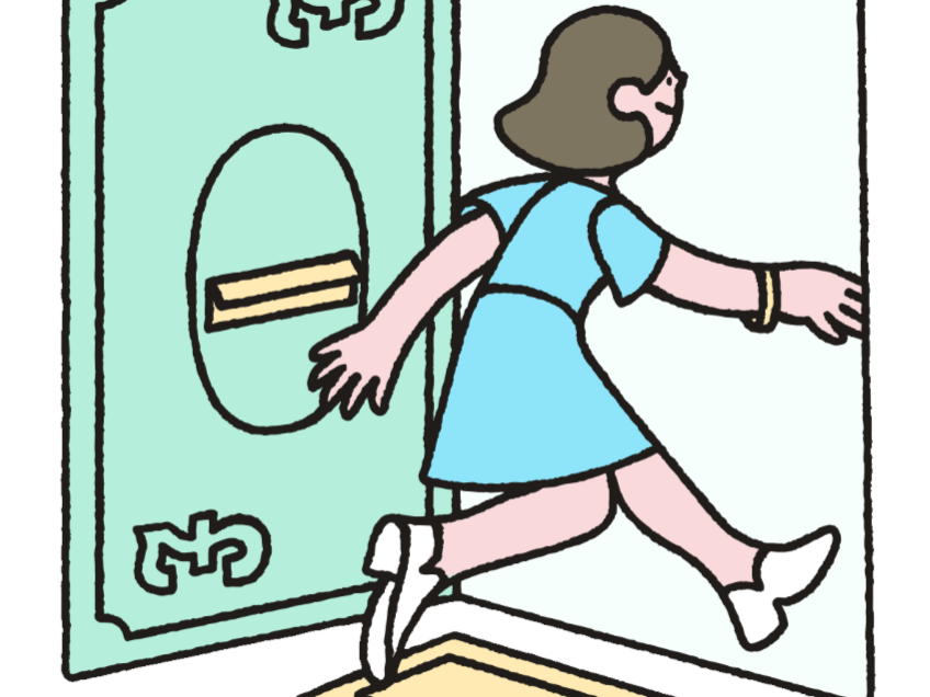 Credicus illustration of a woman stepping through an open mint-green door.