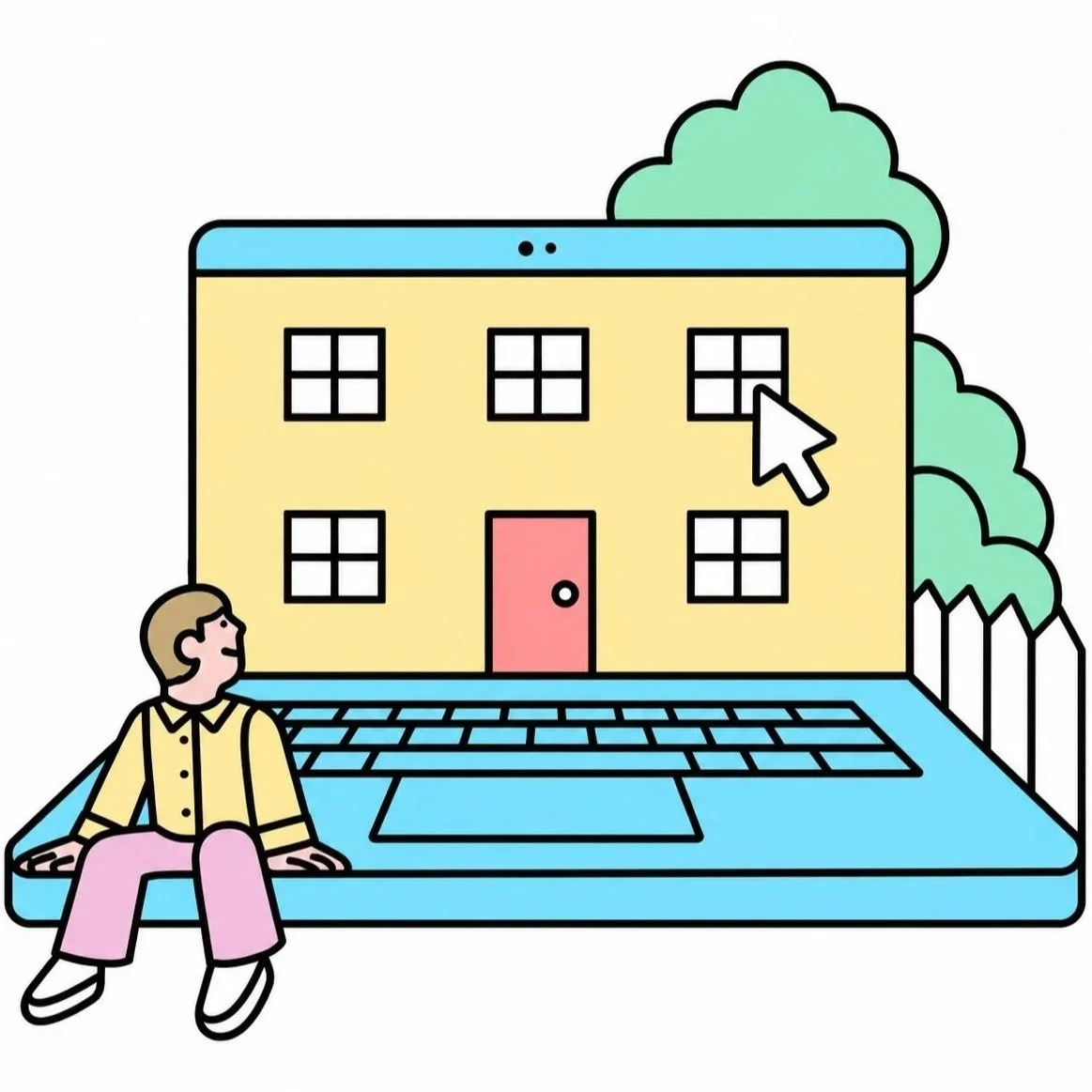 Credicus illustration of a house as a laptop, with a person sitting on it.
