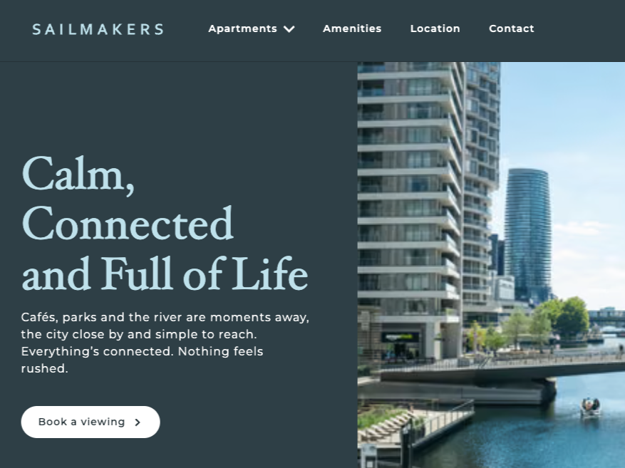 Sailmakers website showing “Calm, connected and full of life” copy beside a Canary Wharf waterfront photograph.