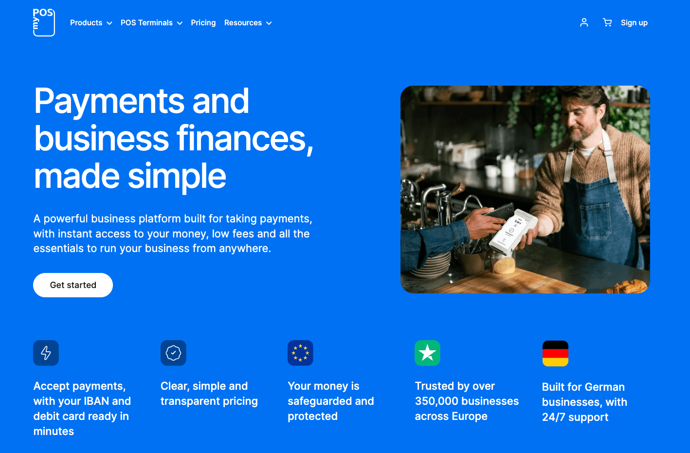myPOS Germany homepage featuring payments and business-finance website copy