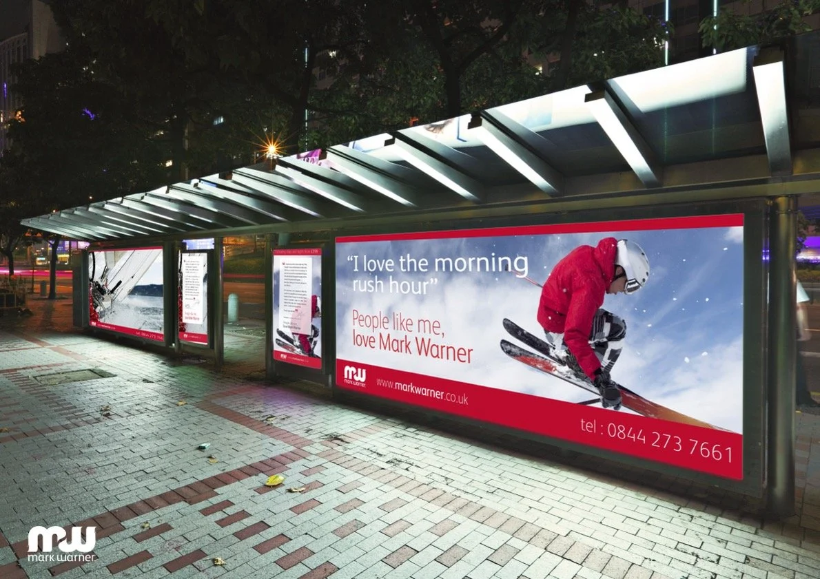 Mark Warner "People like me, love Mark Warner" outdoor advertising campaign at a bus shelter
