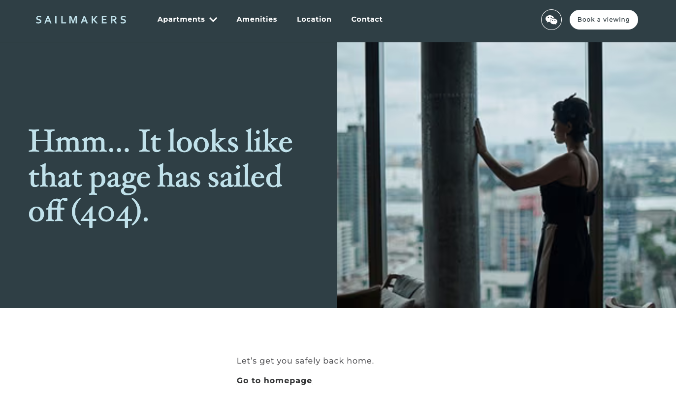Sailmakers 404 page showing “Hmm… It looks like that page has sailed off” and “Let’s get you safely back home” copy.