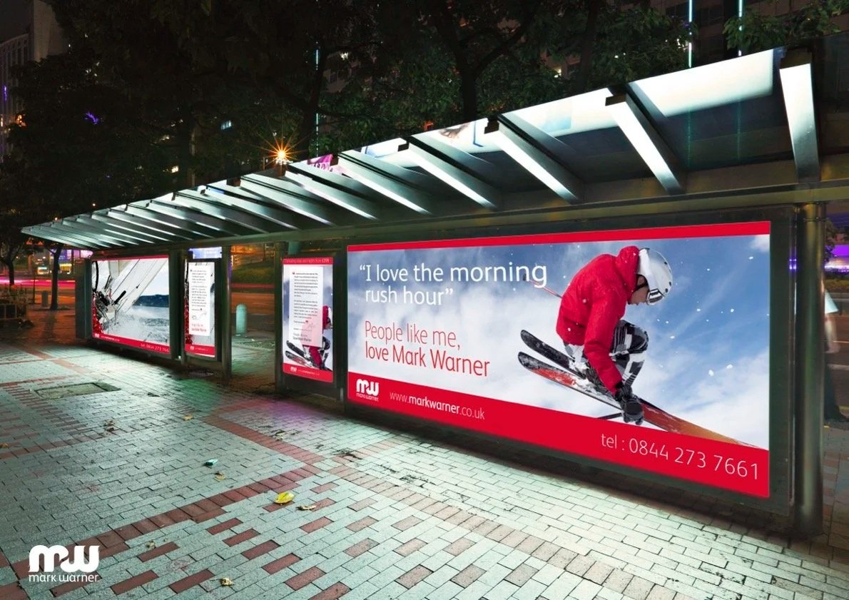 Mark Warner ski holiday advert featuring the line “I love the morning rush hour”.