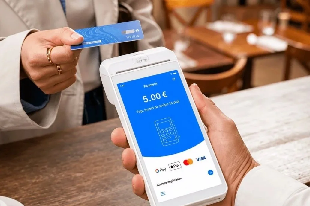 Customer making a contactless card payment with a myPOS terminal in a cafe.