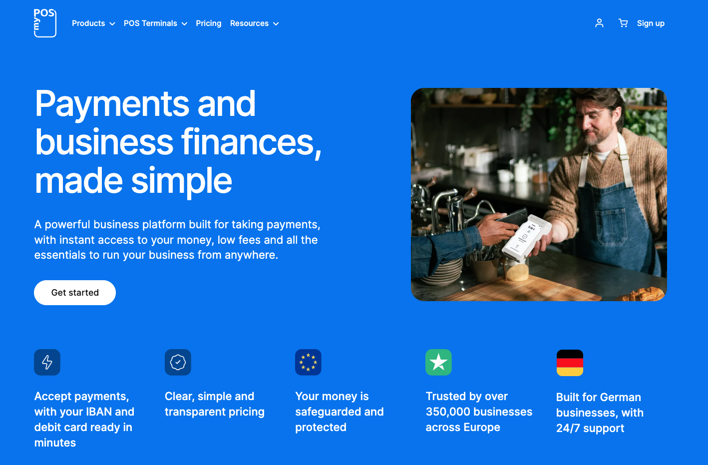 myPOS Germany homepage featuring payments and business-finance website copy