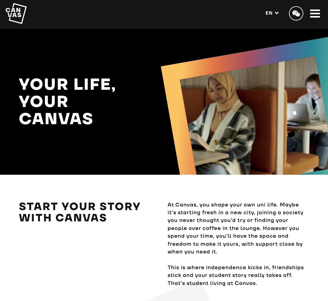 Canvas Student lifestyle page showing Start your story with Canvas copy