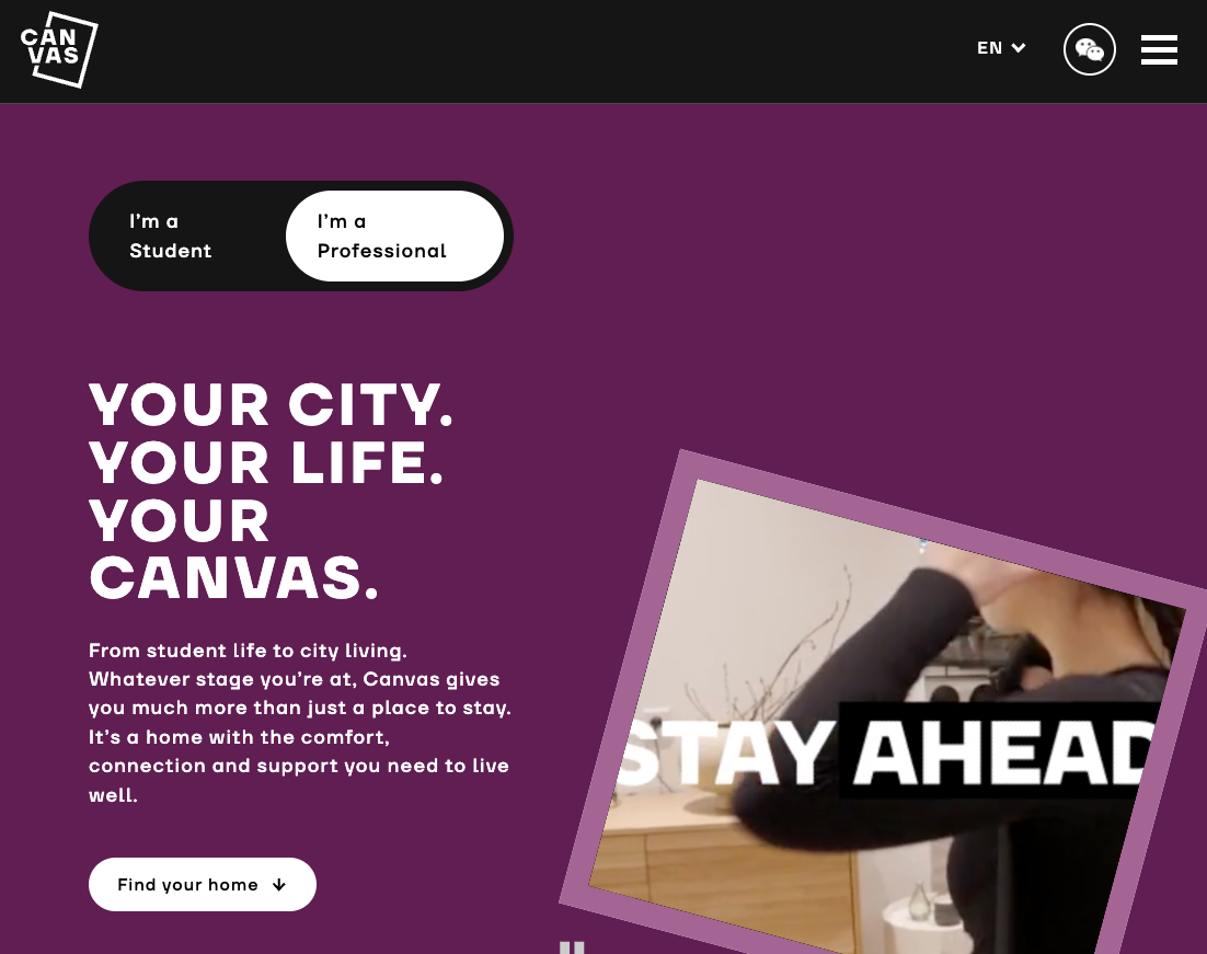 Canvas Living professional page showing Your city. Your life. Your Canvas copy
