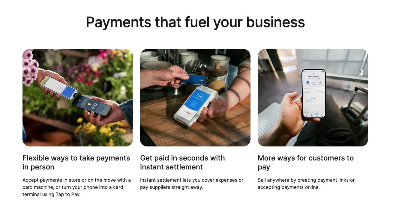 myPOS website showing “Payments that fuel your business” with copy about in-person payments, instant settlement and online payments.