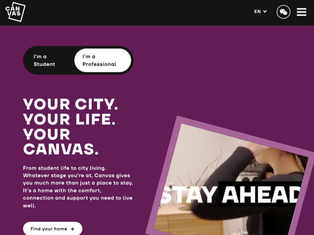 Canvas Living website showing the headline “Your city. Your life. Your Canvas.”